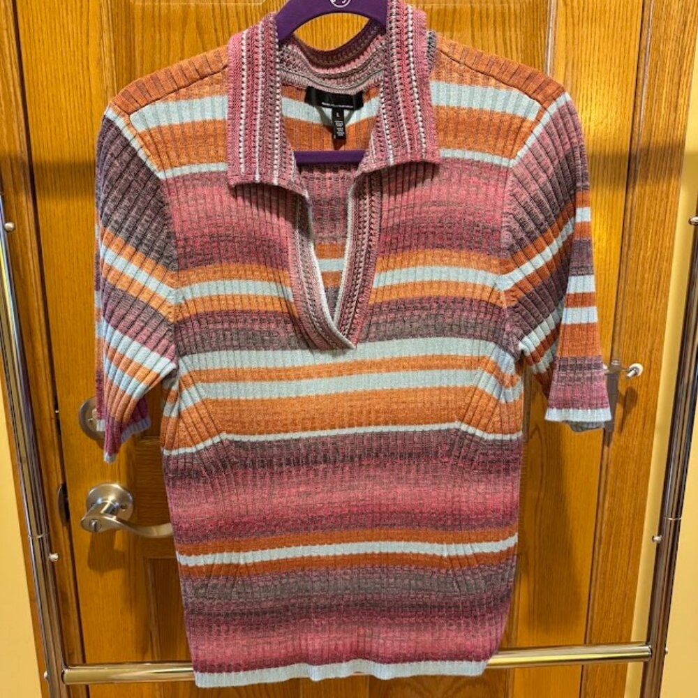 White House Black Market Striped Ribbed Polo Top in Pink, Orange, Blue